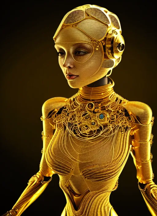 Image similar to portrait of an absurdly beautiful, graceful, sophisticated, fashionable futuristic female golden mechanoid with sections of skin showing, glowing internal light, hyperdetailed illustration by irakli nadar and alexandre ferra, intricate linework, faberge, intricate gold linework, dark atmosphere, unreal engine 5 highly rendered, global illumination, radiant light, detailed and intricate environment