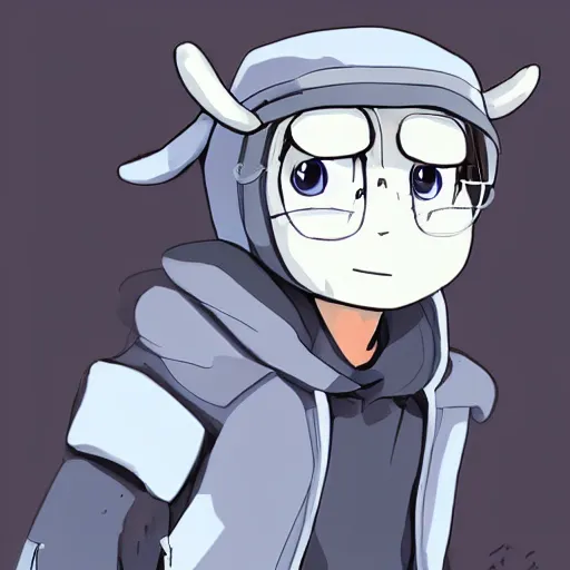 Image similar to boy wearing sheep suit. white, gray, blue, green and brown pallet color. made in abyss art style, inspired in chris from deltarrune, high details