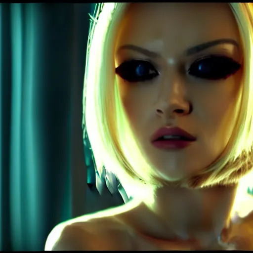 Image similar to beautiful android peeking at you though the curtains, short spiky blonde hair, cyberpunk outfit, still from closed circuit tv footage