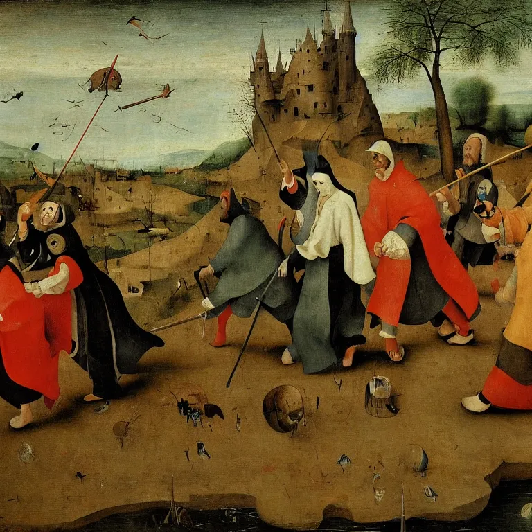 Image similar to The medium shot of three sarcastic mans with fishes running away with a small profit of money, thinking they've made a great deal, Grim Reaper laughs and follow them, by Hieronymus Bosch and Pieter Bruegel, super detailed oil painting, proportional faces, hyper realistic, 4k, masterpiece