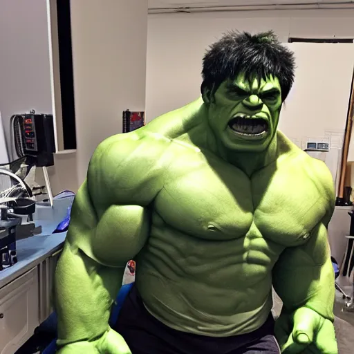 Image similar to the hulk tinkering with his new 3d printer