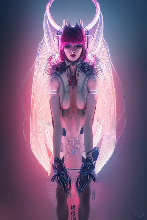 Image similar to portrait futuristic Devil Girl with horns and wings, in future cyberpunk tokyo rooftop , ssci-fi, fantasy, intricate, very very beautiful, elegant, human anatomy, neon light, highly detailed, digital painting, artstation, concept art, smooth, sharp focus, illustration, art by tian zi and WLOP and alphonse mucha