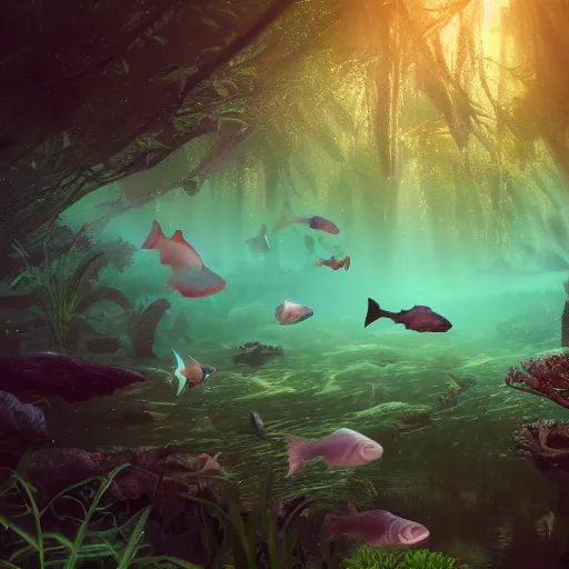 Image similar to school of fish swimming in the dreamy forest under water ,magical effect,cgsociety, 8k,hyperdetailed, artstation