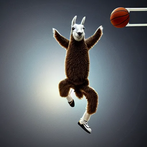 Image similar to a llama dunking a basketball, 4 k, digital art, high resolution, trending on artstation