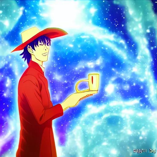 Prompt: A man drinking a cup of cosmic energy bright light by Hideaki Sorachi, 4k, digital art, surreal, anime style, cowboy Bepop, space dandy,