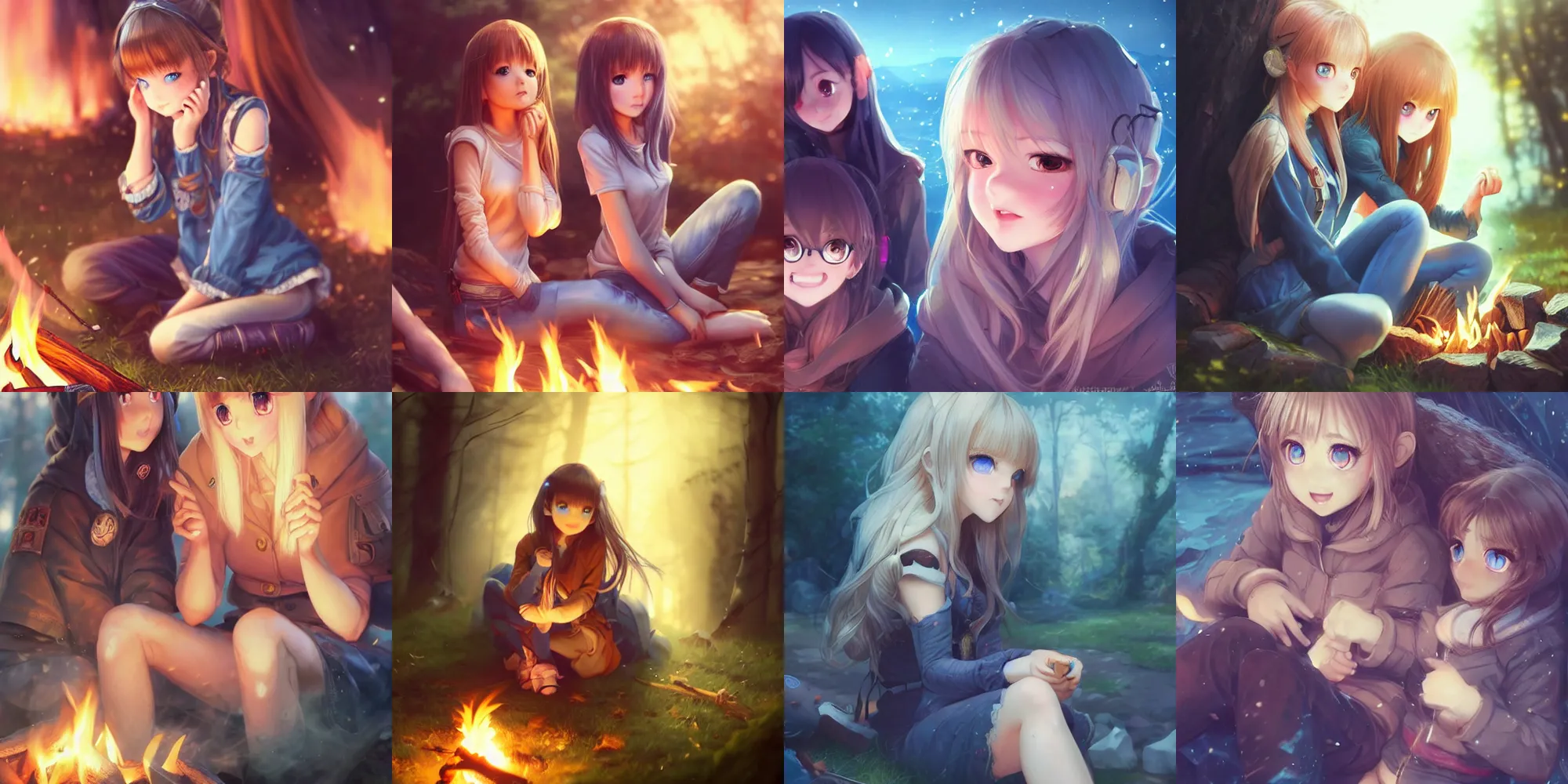 Prompt: cute girls with extremely detailed blue eyes sitting around campfire at night, full faces, anime, fantastic details, trending on artstation, pixiv, hyperdetailed Unreal Engine 4k 8k ultra HD, Stanley Artgerm Lau, WLOP, Rossdraws, James Jean Marc Simonetti Ruan Jia and Mandy Jurgens and Artgerm and William-Adolphe Bouguerea Sakimichan, yuru camp, moe, illustration, digital art, concept art, manga cover
