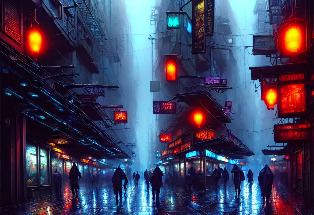 Image similar to a highly detailed rainy bazaar street in a cyberpunk megacity, amazing cyberpunk digital painting, by gerald brom, brom digital art, intricate details, ultra realistic, beautiful art, volumetric lighting, ultrarealistic, by art germ, by brom, trending cgsociety, artstation, bladerunner theme, by anato finnstark 8 k