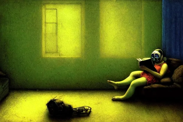 Image similar to girl with wearing a gas mask lying on the sofa reading a book in her room, in the style of beksinski, solarpunk, atmospheric, intricate and epic composition, green by caravaggio, insanely quality, highly detailed, masterpiece, blue light, artstation, 4 k