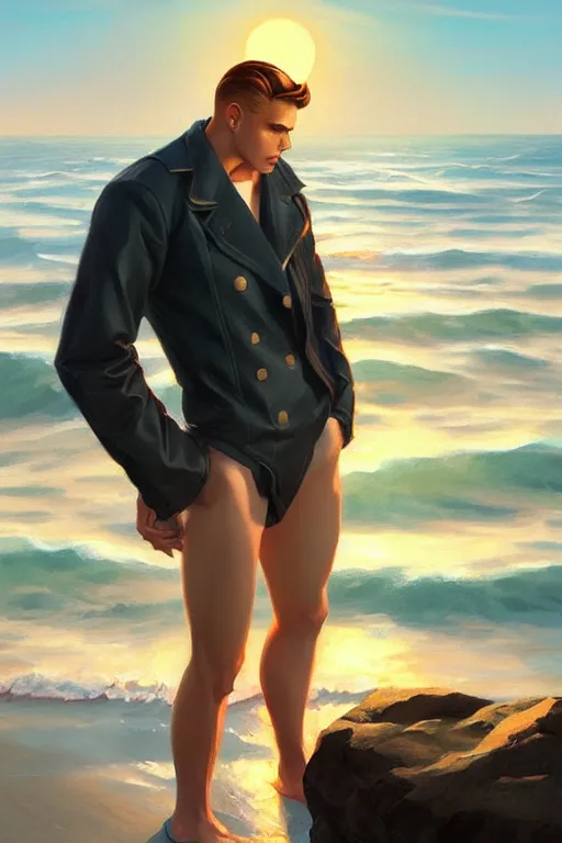 Image similar to attractive man at the sea, sunset, painting by ross tran, j. c. leyendecker, tom of finland, trending on artstation