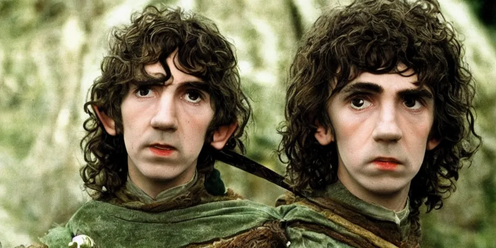 Image similar to A full color still of young George Harrison in Hobbit makeup and costume, in The Lord of the Rings directed by Stanley Kubrick,