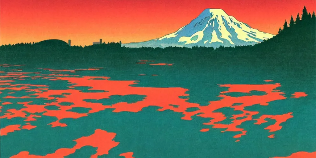 Prompt: seattle with mount rainier in the background, acid and dreaming psychedelic hallucinations, by kawase hasui, moebius and edward hopper, colorful flat surreal design, hd, 8 k, artstation