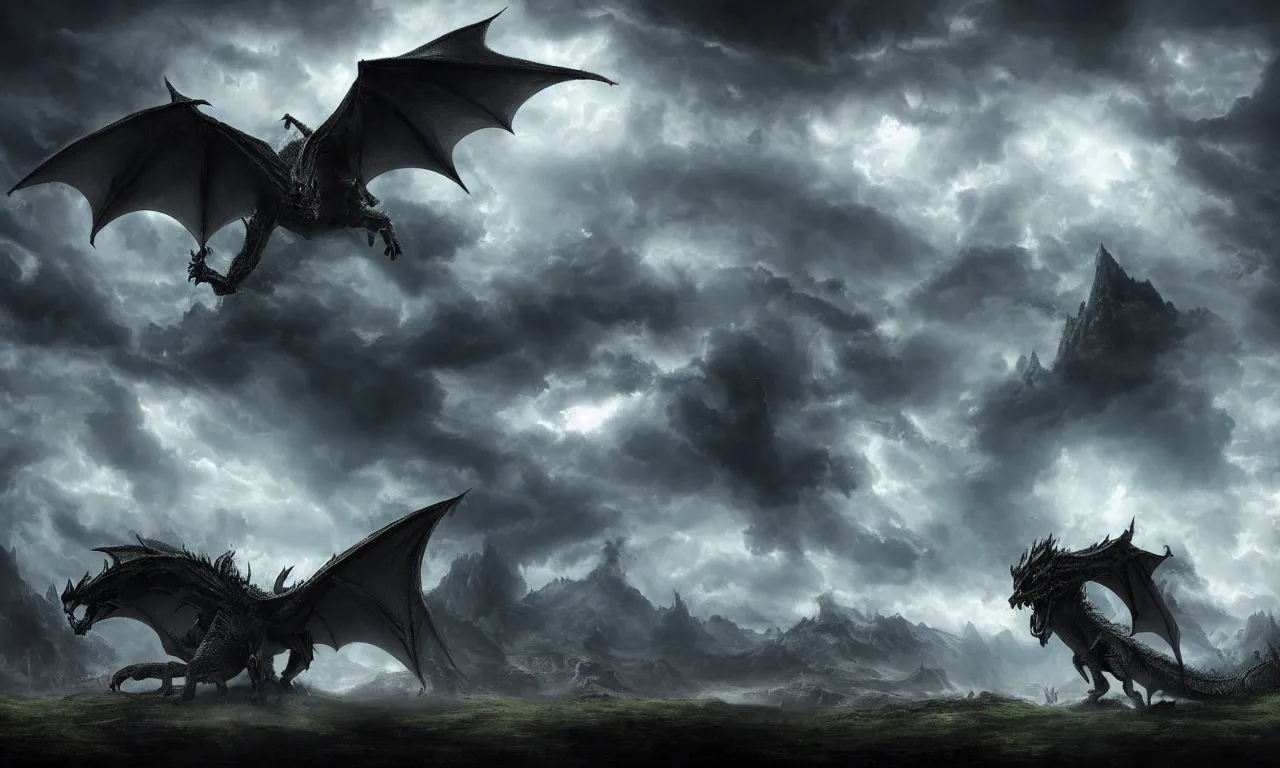 Prompt: fantasy landscape and the great protector dragon, ominous, dark art, looming cloud, thunderstorm, lighting, extra - terrestial, sharp focus, insane details