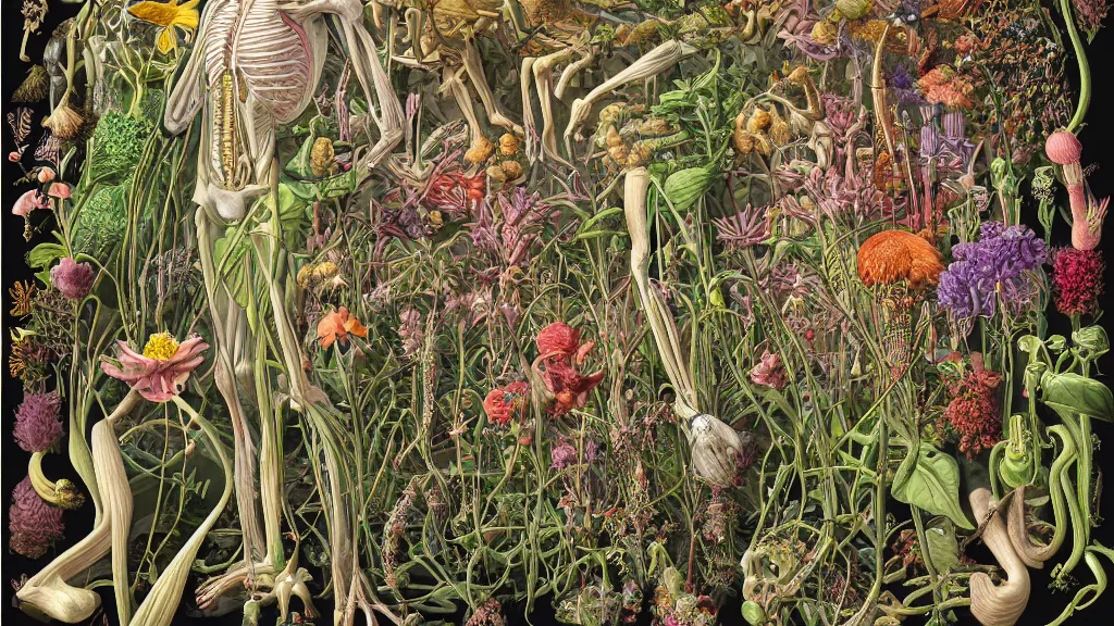 Image similar to highly detailed illustration human anatomy with all the known species of plants and flowers by juan gatti, by moebius!, by oliver vernon