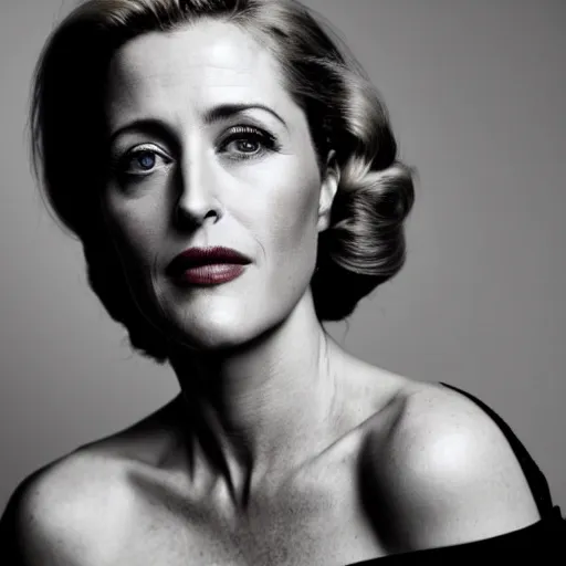 Prompt: photo of a gorgeous 40-year-old Gillian Anderson with 1940s hairstyle by Mario Testino, detailed, head shot, award winning, Sony a7R -