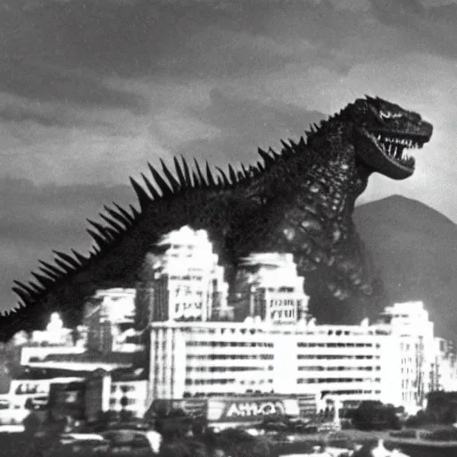 Image similar to rare vintage footage of Godzilla, overshadowing Kim Jong-il, obscured underexposed view