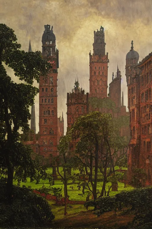 Image similar to view of the old tower and its gardens after a storm, tall windows lit up, beautiful ornamental architecture, dramatic cinematic lighting, rich colors, by Caspar David Friedrich and Diego Rivera and ford madox brown, smooth, sharp focus, extremely detailed, featured on artstation