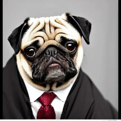 Prompt: a pug as a judge wearing a black robe, sitting behind the desk in court, slamming his gavel, angry looking