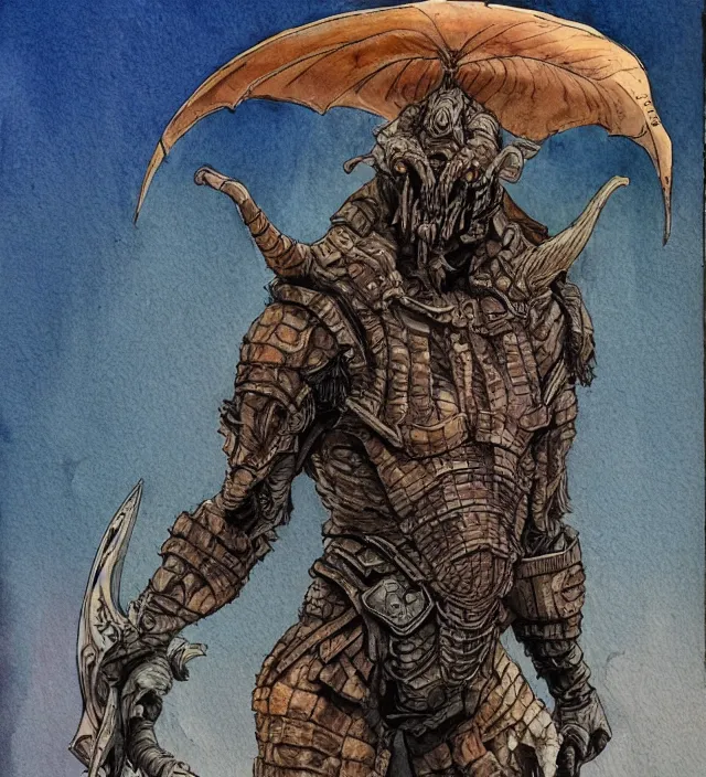 Prompt: a 3 / 4 view watercolor ink painting of human / deathclaw hybrid as a raider / bandit in the style of jean giraud in the style of moebius trending on artstation deviantart pinterest detailed realistic hd 8 k high resolution