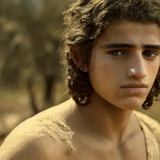 Image similar to award winning cinematic still portrait of handsome 17 year old Mediterranean skinned man in Ancient Canaanite clothing, colorful cloak, short hair, Biblical epic directed by Steven Spielberg