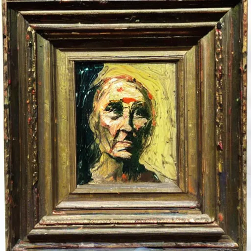 Prompt: oil paint impasto, a woman, multi layered thick brush marks, some splattered paint, in the style frank auerbach and redon