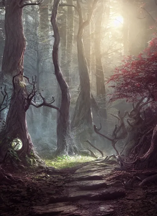 Image similar to haunted woods, ultra detailed fantasy, elden ring, realistic, dnd, rpg, lotr game design fanart by concept art, behance hd, artstation, deviantart, global illumination radiating a glowing aura global illumination ray tracing hdr render in unreal engine 5