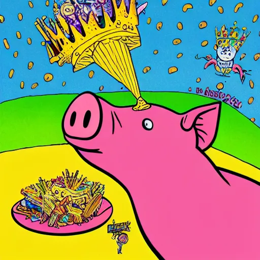 Image similar to trippy comic art of a pig wearing a gold crown eating snacks, drawn by Martin Rowson, Tim Burton, Studio Ghibli, Alex Pardee, Nekro Petros Afshar, James McDermott, colors by lisa frank, unstirred paint, vivid color, cgsociety 4K