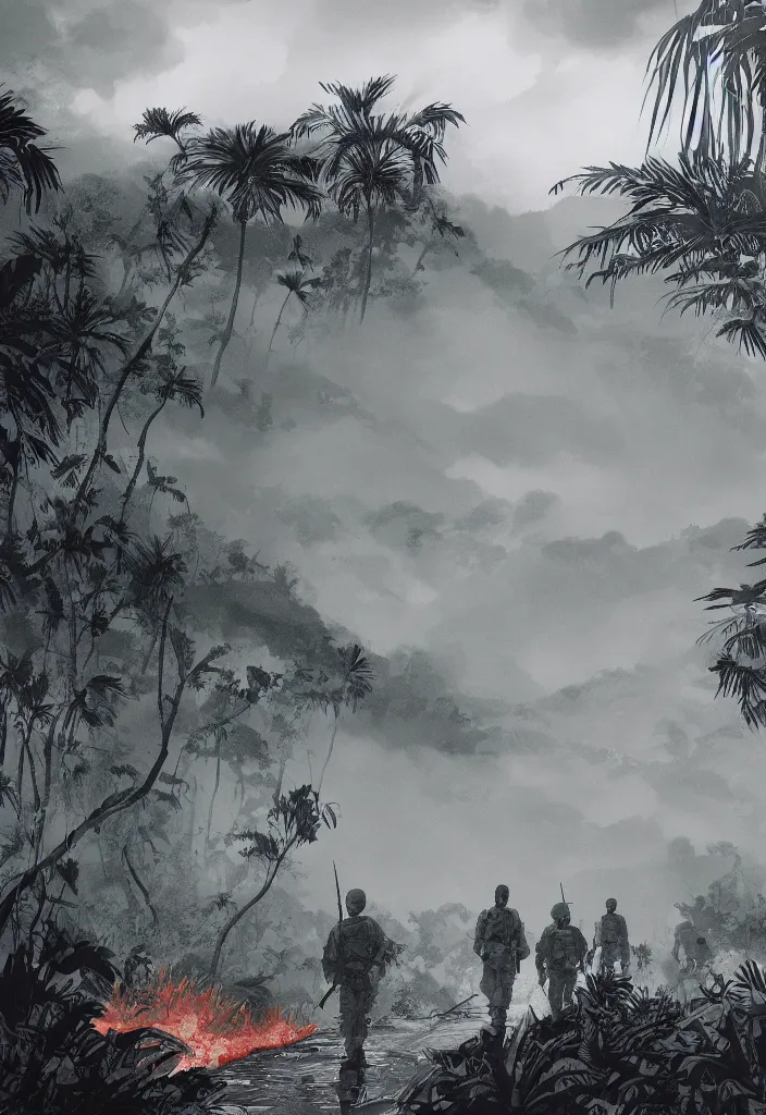 Image similar to handmade illustration of an epic and dramatic Vietnam war scene with a few american soldiers walking, the jungle at the background, some mist grey smoke and fire, blue sky with dramatic clouds, line art, ink, ol on canvas by Kilian Eng and by Jake Parker, heavy brushstrokes, winning-award masterpiece, fantastic, octane render, 8K HD Resolution, High quality image