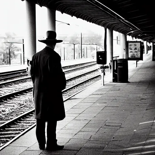 Prompt: turn of the century sepia photo of a man waiting at the train station while holding an ipad