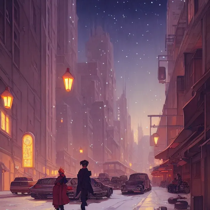 Image similar to empty big city at night, winter, in the style of studio ghibli, j. c. leyendecker, greg rutkowski, artem