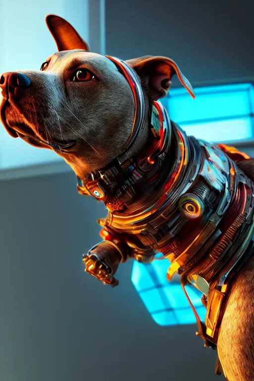 Prompt: cyborg dog, ultra hd, Painted By Annton Fadeev, unreal 5, DAZ, hyperrealistic, octane render, dynamic lighting, intricate detail, summer vibrancy, cinematic