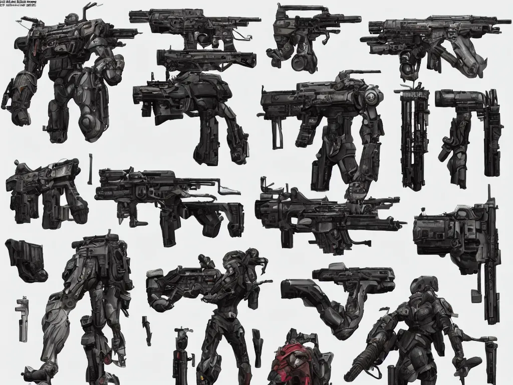 Prompt: photorealistic!! game asset reference of firearms, digital art, handguns, highly detailed, anime mecha asthetic, sci fi, three - view reference sheet ( front / back / side ), in the style of adrien roose, viktor han, by brad allen, artstation, marmoset toolbag, unreal engine
