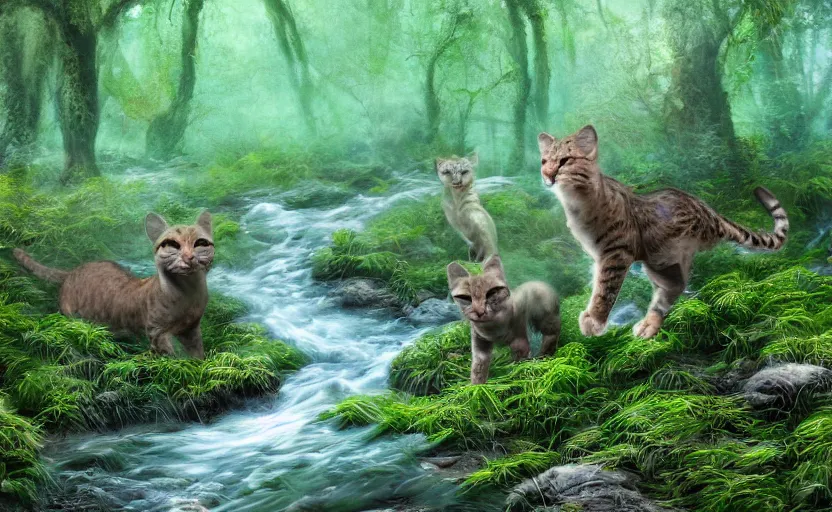 Image similar to wild cats in a clear water stream in a mossy fantastical forest, digital art, trending on artstation