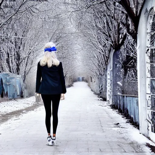 Prompt: 19-year-old Aristocratic platinum-blonde-haired hime-cut blue-eyed French empress wearing white leggings and black jacket, walking down sidewalk, winter trees, dead trees, mill, abandoned mill, drones, HD photograph