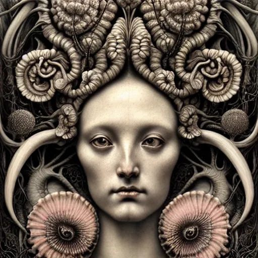 Image similar to detailed realistic porcelain beautiful calaveras goddess face portrait by jean delville, gustave dore, iris van herpen and marco mazzoni, art forms of nature by ernst haeckel, art nouveau, symbolist, visionary, gothic, neo - gothic, pre - raphaelite, fractal lace, intricate alien botanical biodiversity, surreality, hyperdetailed ultrasharp octane render