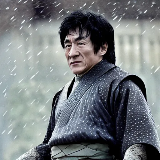 Prompt: Jackie Chan as samurai , under rain, dramatic, sad ambience, an film still