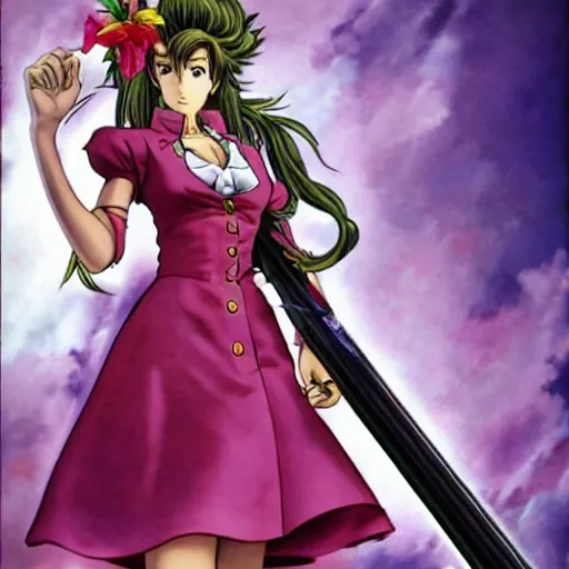 Image similar to aerith gainsborough in jojos bizarre adventure, high quality