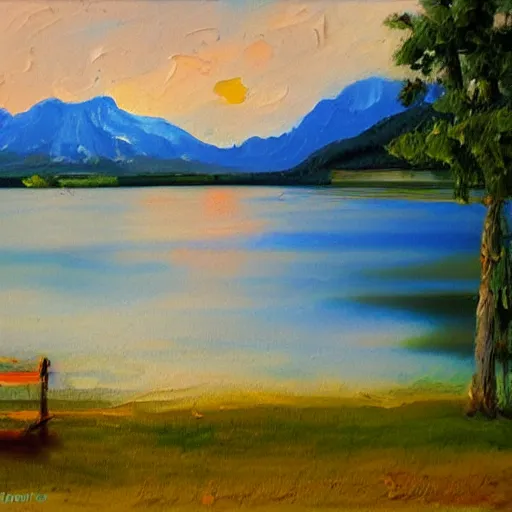 Prompt: a beautiful impasto oil painting of lake chiemsee, digital art