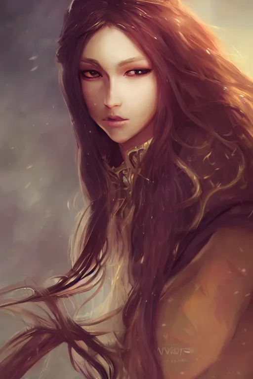 Prompt: A beautiful female cleric with long flowing hair by WLOP