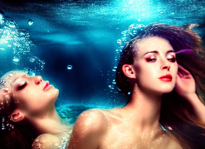 Image similar to under water pretty women, water light scattering, underwater photography, high details, 8 k, realistic shot, cinematic lighting