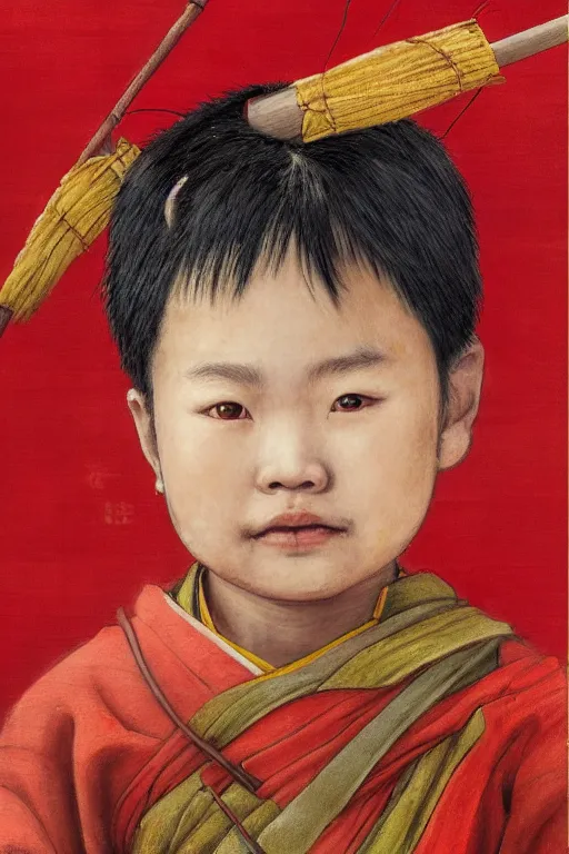 Image similar to a masterpiece portrait of legendry nezha flies riding on the wind fire wheels across the sea, water everywhere, chinese mythology, chinese male child, cute face, side view, red cloth around his shoulders, hold spear, cinematic, fantasy character portrait, highly detailed, by ne zha ( 2 0 1 9 ), fenghua zhong, bob byerley