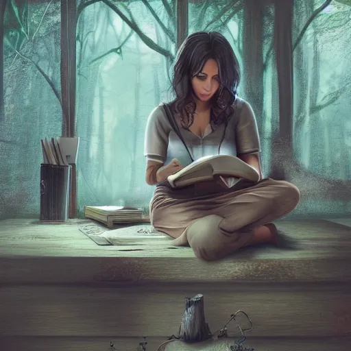 Image similar to a brown female author writing a book with a pen in an eerie cottage in the woods, detailed digital art, trending on artstation, realistic! 8k, anatomically correct