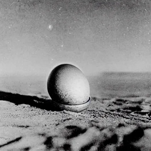 Image similar to an early 1 9 0 0 s photograph of an alien peeking out from a levitating luminescent alien egg on the beach, moonlight, at nighttime,