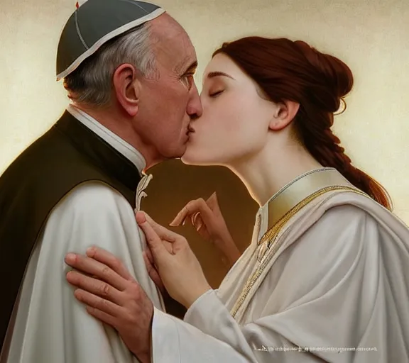 Image similar to photography of a pope kissing the breast of a sensual woman, deep focus, intricate, elegant, highly detailed, digital painting, artstation, concept art, matte, sharp focus, illustration, art by artgerm and greg rutkowski and alphonse mucha