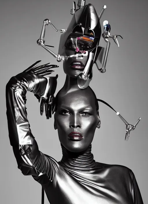 Prompt: a beautiful portrait of grace jones as a cyborg, by gilles berquet, serge lutens, hajime sorayama, wearing atsuko kudo latex outfit, photorealistic, intricate details, hyper realistic, photorealistic, photography, symmetrical features, symmetrical pose, wide angle shot, head to toe, standing pose, feet on the ground,