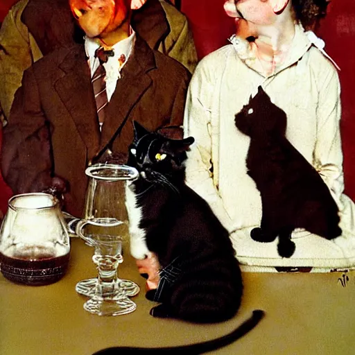 Prompt: spaniel and black cat and 2 kittens with a beer glass, by norman rockwell