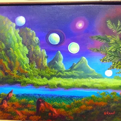 Image similar to a beautiful alien planet with plants and animals. Oil painting in the style of Bob Ross.