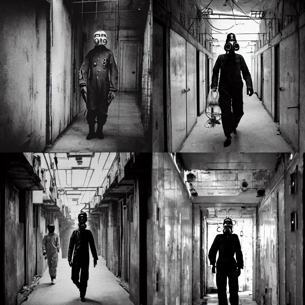 Prompt: A photograph of a gigantic lanky man in a GP-5 gas mask and a flight suit, inside the halls of the Kowloon Walled City. Film Noir. High Contrast. Black and White.