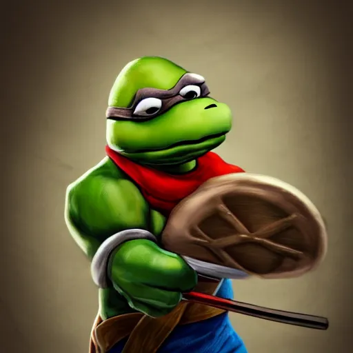 Image similar to teenage mutant ninja turtle michaelangelo with frying pan near kitchen stove, wearing white chef hat, frying nails, volumetric lighting, realistic, photo, artstation