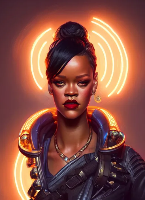 Image similar to portrait of apex legends rihanna, intricate, elegant, glowing lights, highly detailed, digital painting, artstation, glamor pose, concept art, smooth, sharp focus, illustration, art by artgerm and greg rutkowski, artey freytag