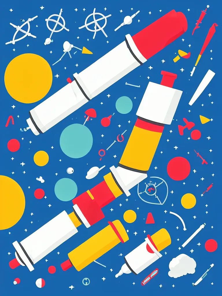 Prompt: editorial illustration scientific lab test tube telescope microscope spaceship, colorful modern, mads berg